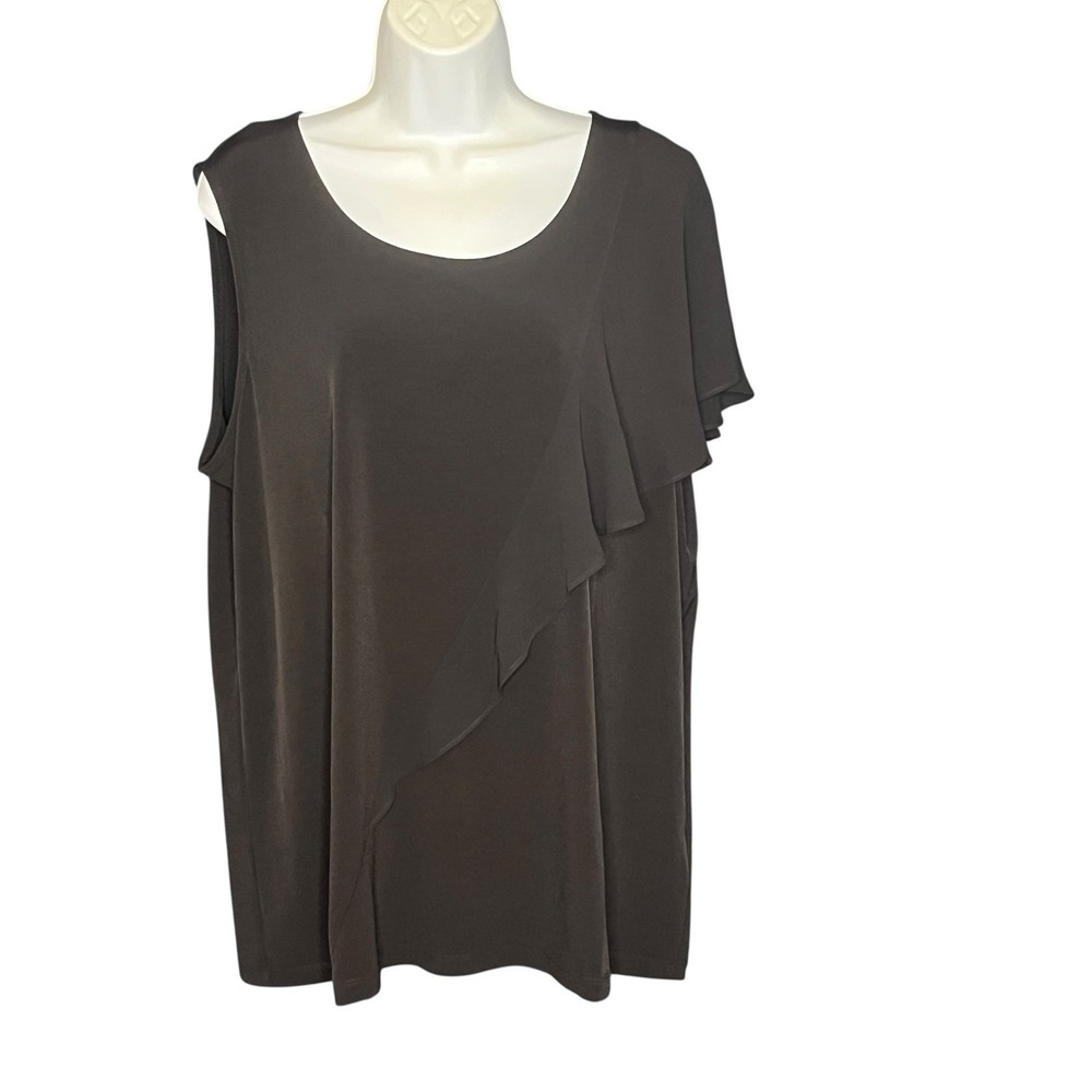 Susan Graver Liquid Knit Blouse Womens Sz XL Black One Shoulder Ruffle Slimming‎